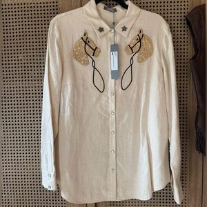 Lela Rose Ranch bespoke linen horse embroidery shirt NWT
